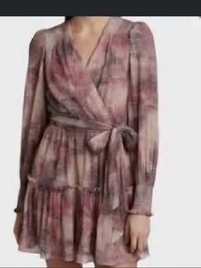 Monique Lhuillier Pink Leopard Metallic Plisse Faux Wrap Minidress Size 2